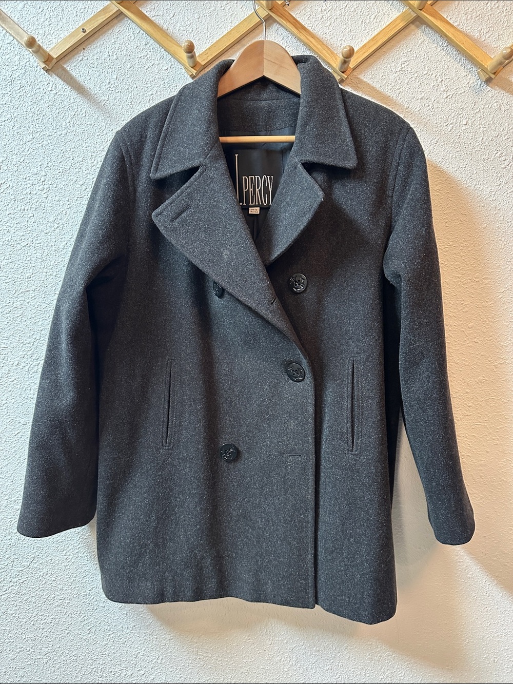 Vintage J. Percy 100% Merino Wool Pea Coat Women’s Charcoal Gray Double Breasted